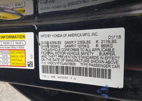 2018 Honda Accord Lx z USA, uszkodzony, nr VIN 1HGCV1F15JA079926